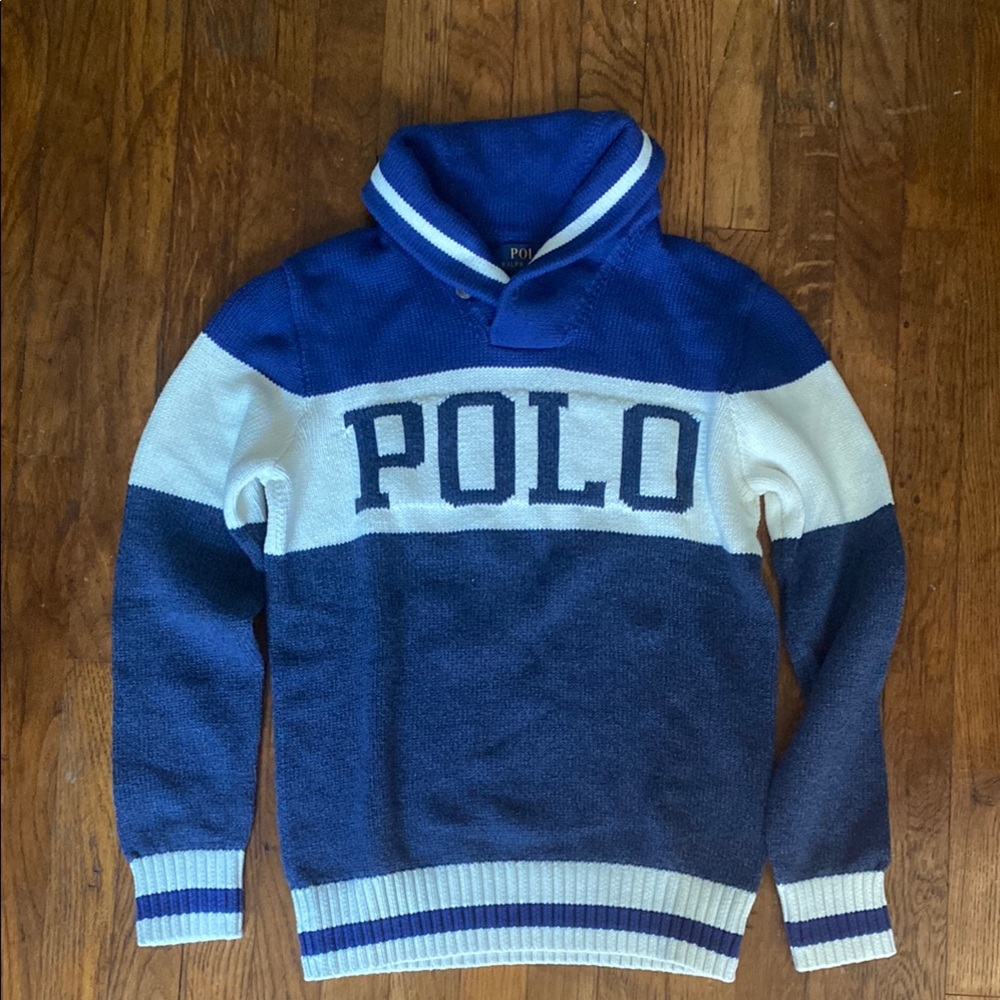 Polo by Ralph Lauren Blue and White Men's Sweater
